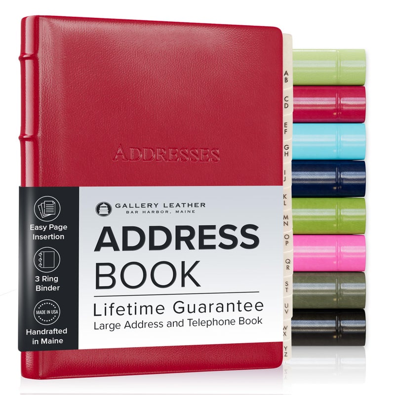 Gallery Leather Large Address Book with Alphabetical Tabs up to 480 Records, Leather Notebook Hardcover, Telephone and Address Books - 9x7", Desk Address, Camden Red - Image 1